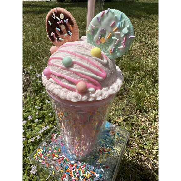 Pink 3D Cookie Ice Cream Sprinkle Cup 16oz Cold Beverage w/ Straw & Lid Tumbler - Picture 5 of 7